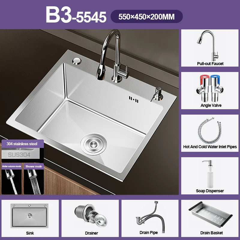 304 Stainless Steel Silver Kitchen Sink with Pull-Out Faucet Large Capacity Single Basin Bar Sinks Multifunction Washing Basins