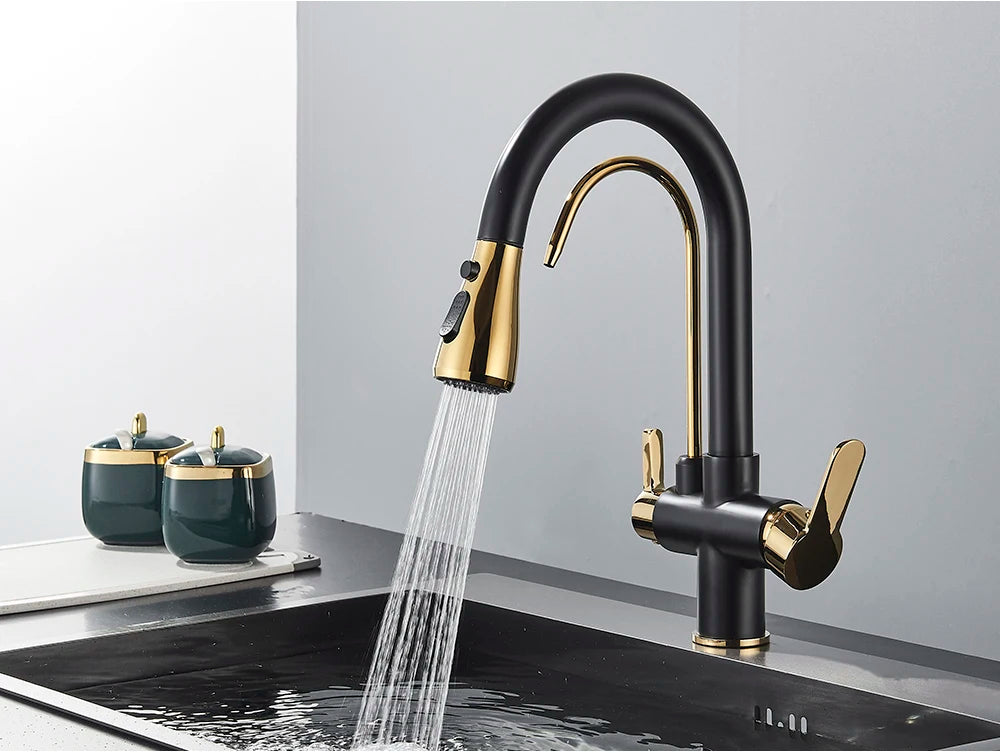 Black Purification Kitchen Faucets Pull Out Kitchen Water Filter Tap 3 Way Mixer Tap torneira para cozinha de parede Crane