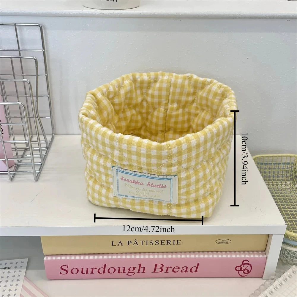 Ins Multi-function Storage Basket Foldable Large Capacity Home Decorate Cosmetic Sundry Fresh Lattice Quilted Desktop Organizer