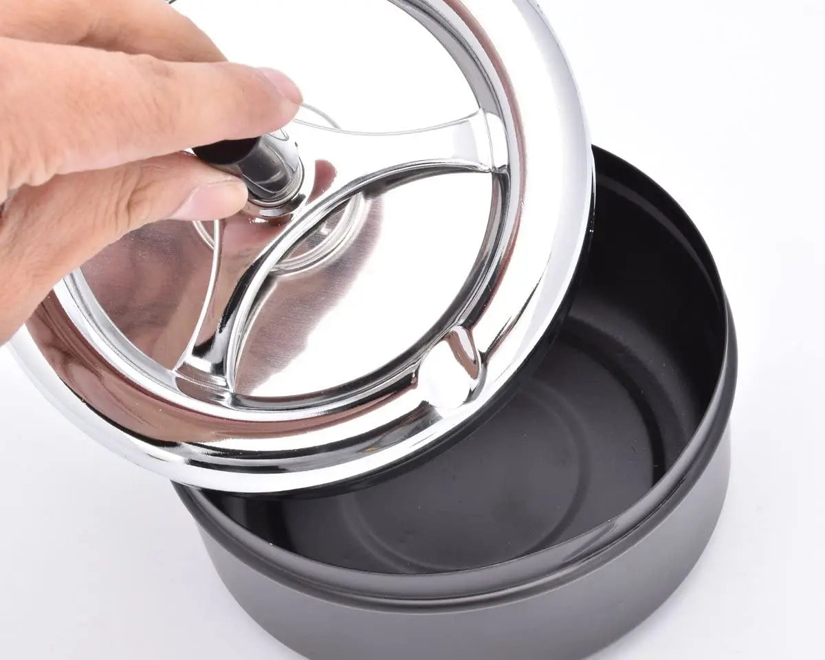 Round Push Down Spinning Metal Ashtray with Cigarette Cigar Smoking Smoke Ash Tray - Black