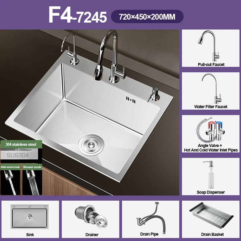 304 Stainless Steel Silver Kitchen Sink with Pull-Out Faucet Large Capacity Single Basin Bar Sinks Multifunction Washing Basins