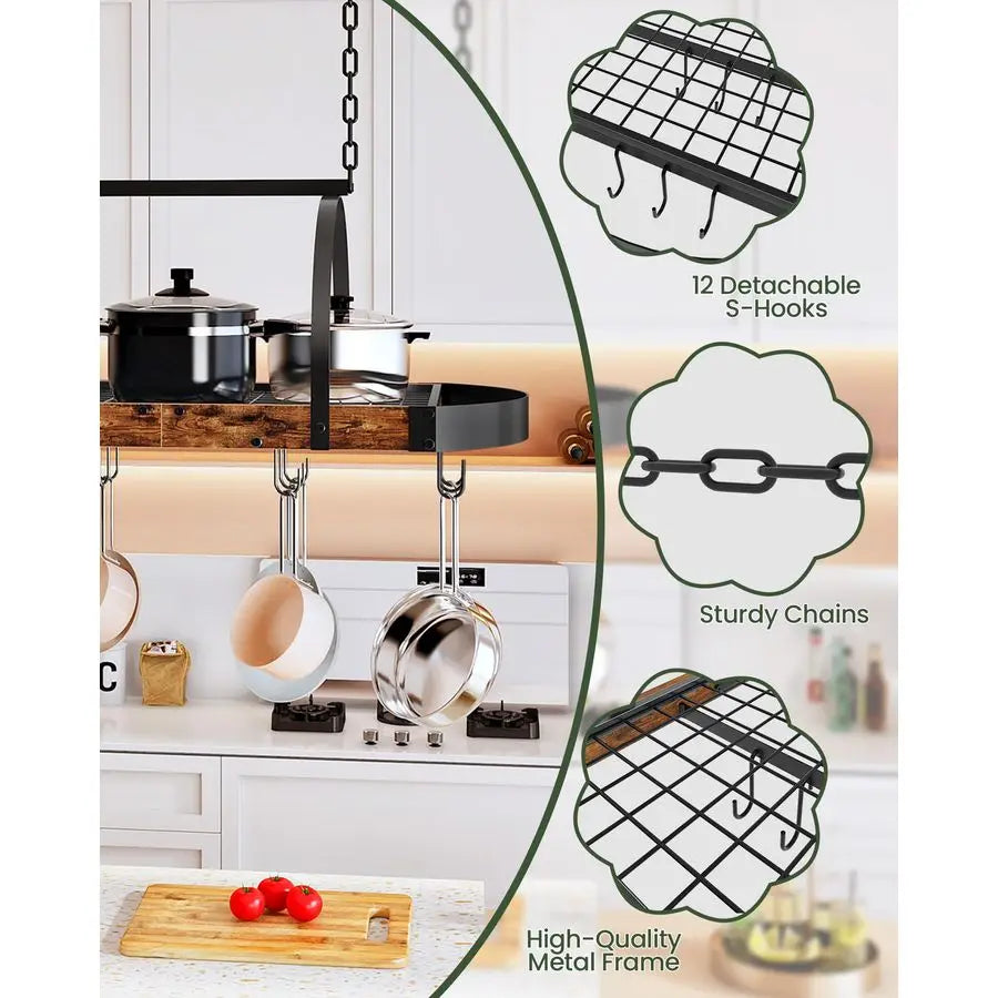 Pot Rack, Pot Hanger for Kitchen, Ceiling Mounted Pot Holder, Cookware Organizer with 12 SShaped Hooks, for Pot, Pan Storage, Sp