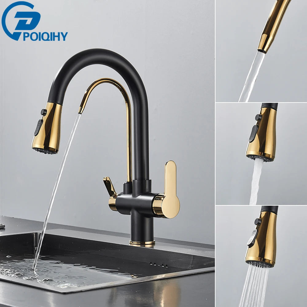 Black Purification Kitchen Faucets Pull Out Kitchen Water Filter Tap 3 Way Mixer Tap torneira para cozinha de parede Crane