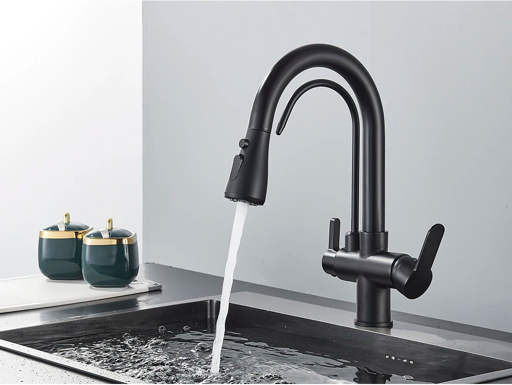 Black Purification Kitchen Faucets Pull Out Kitchen Water Filter Tap 3 Way Mixer Tap torneira para cozinha de parede Crane