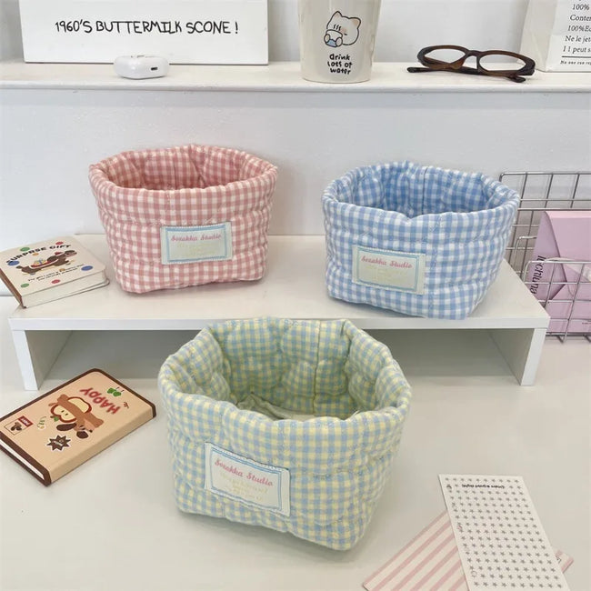 Ins Multi-function Storage Basket Foldable Large Capacity Home Decorate Cosmetic Sundry Fresh Lattice Quilted Desktop Organizer Main Image