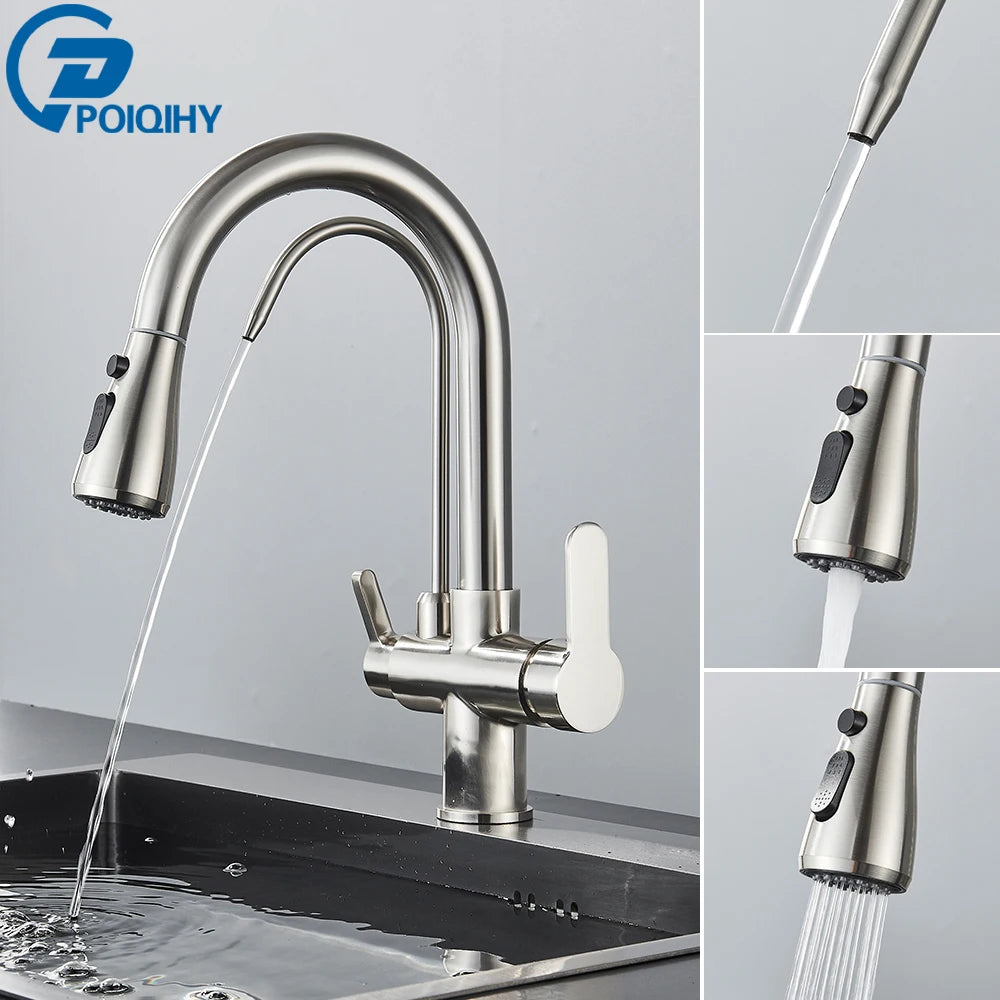 Black Purification Kitchen Faucets Pull Out Kitchen Water Filter Tap 3 Way Mixer Tap torneira para cozinha de parede Crane