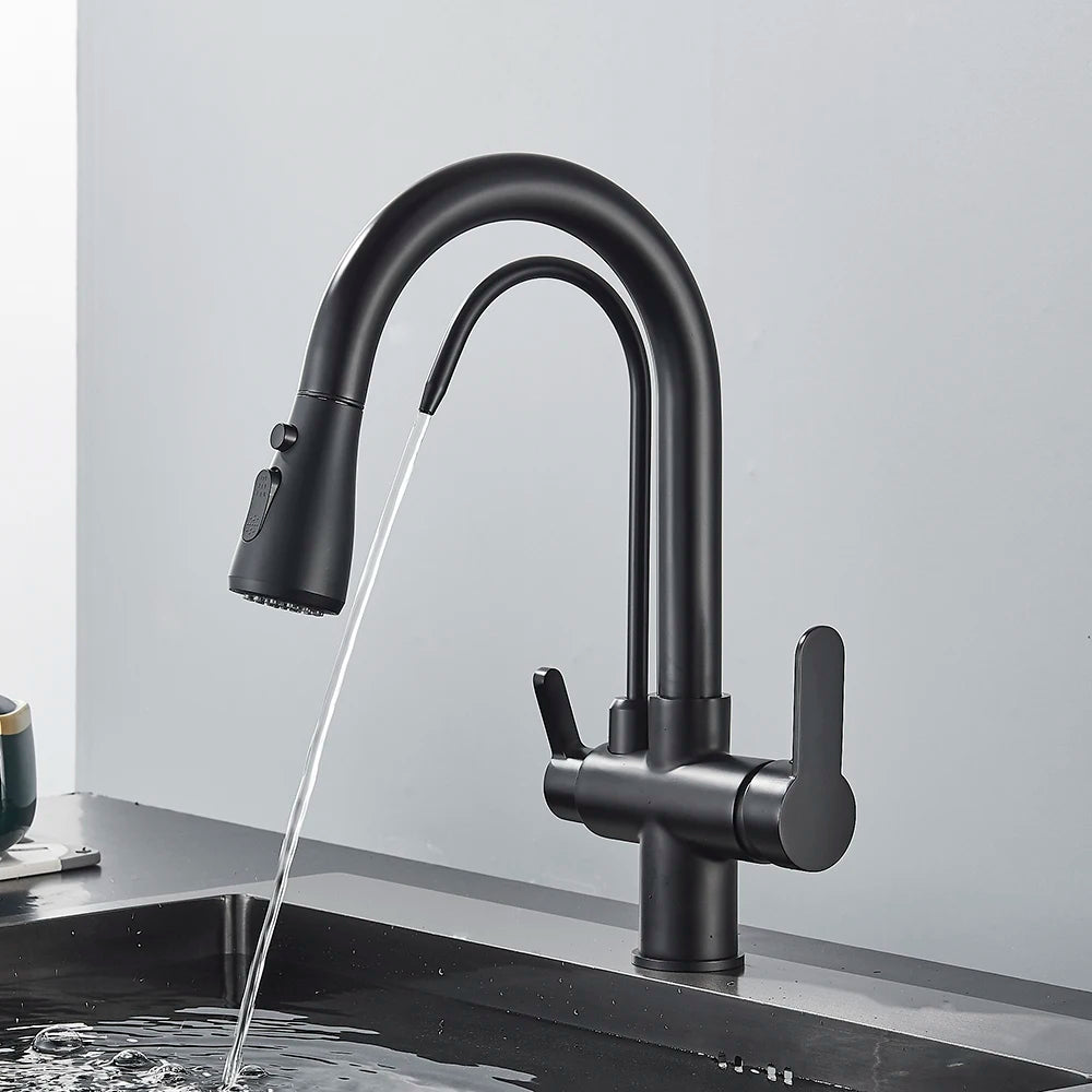 Black Purification Kitchen Faucets Pull Out Kitchen Water Filter Tap 3 Way Mixer Tap torneira para cozinha de parede Crane