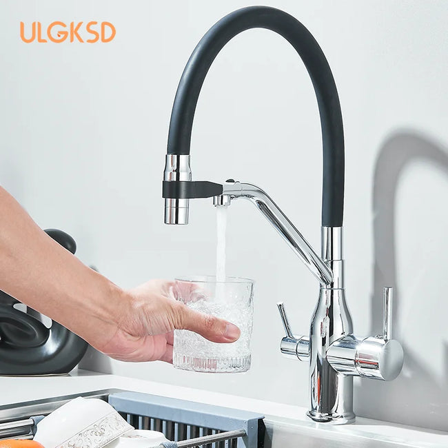Kitchen Purified Water 2 Function Brass Cold and Hot Mix Faucet Black Flexible Water Pipe 360 Rotate Filtered Water Deck Install Hover Image