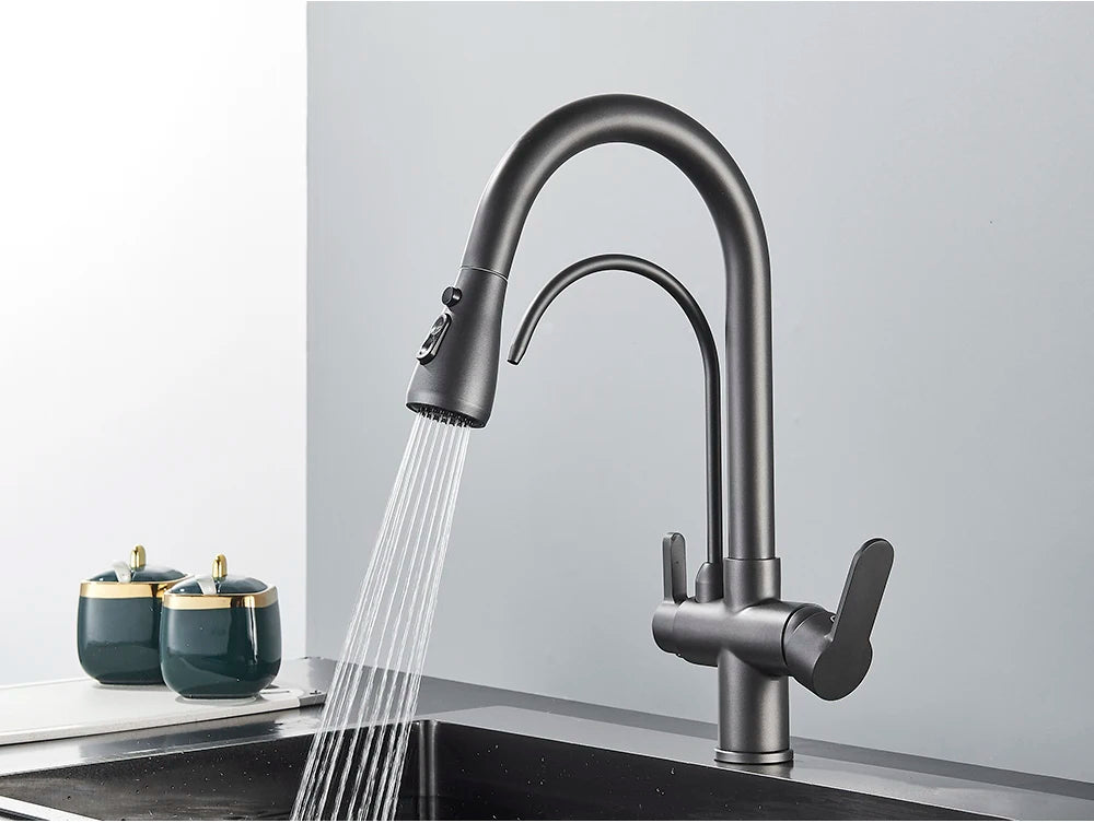 Black Purification Kitchen Faucets Pull Out Kitchen Water Filter Tap 3 Way Mixer Tap torneira para cozinha de parede Crane