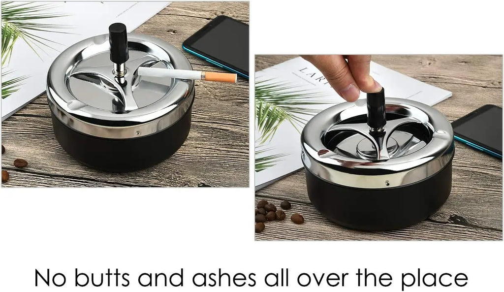 Round Push Down Spinning Metal Ashtray with Cigarette Cigar Smoking Smoke Ash Tray - Black
