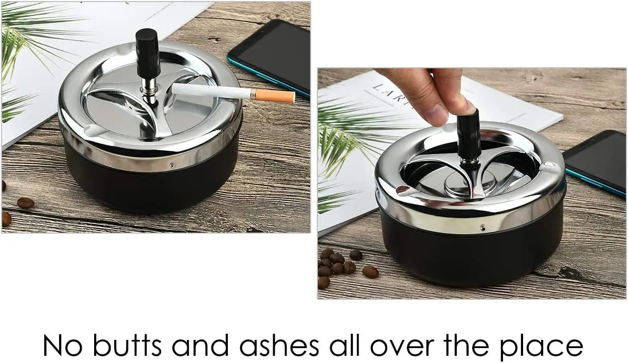 Round Push Down Spinning Metal Ashtray with Cigarette Cigar Smoking Smoke Ash Tray - Black