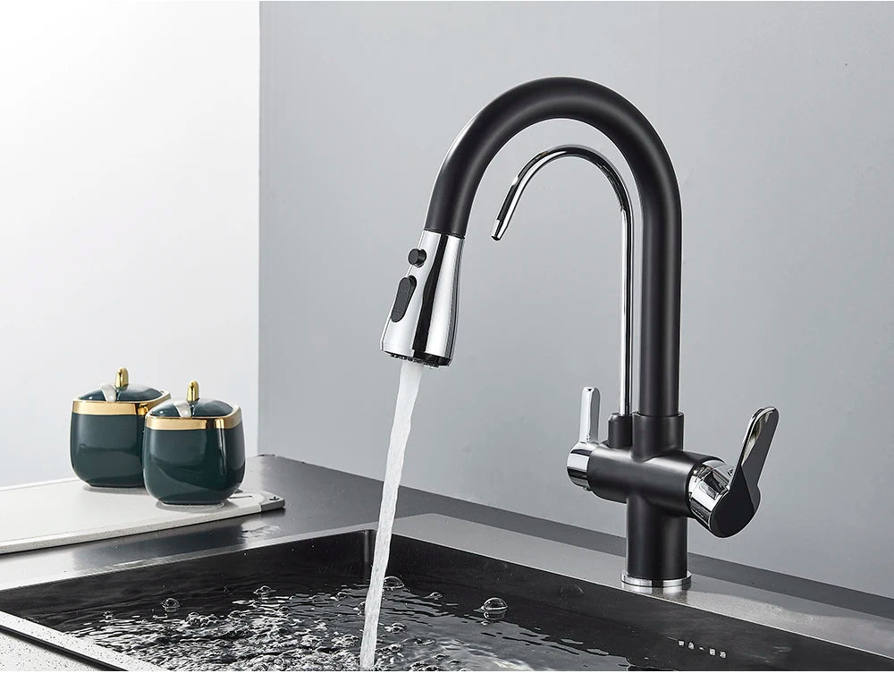 Black Purification Kitchen Faucets Pull Out Kitchen Water Filter Tap 3 Way Mixer Tap torneira para cozinha de parede Crane