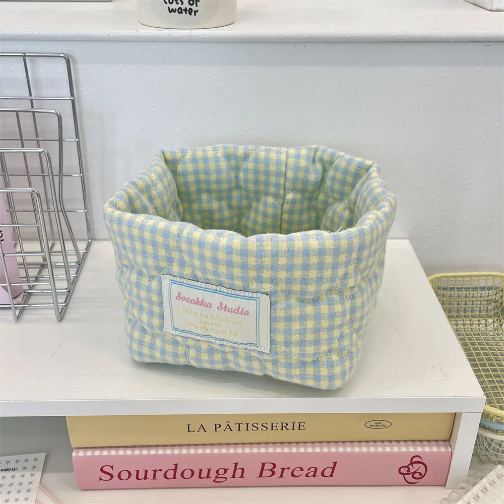 Ins Multi-function Storage Basket Foldable Large Capacity Home Decorate Cosmetic Sundry Fresh Lattice Quilted Desktop Organizer