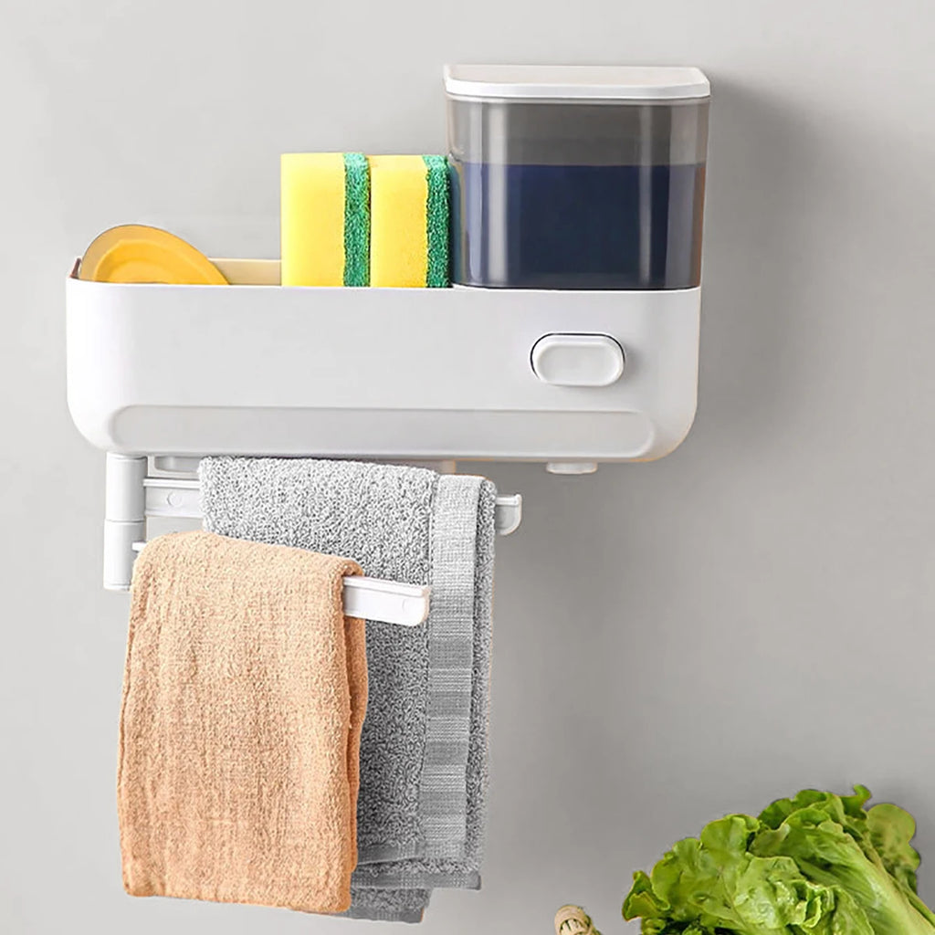 Wall Mounted Hand Soap Dispenser with Storage Case for Sponges Brushes Scrubber Holder Hand Dish Liquid Dispenser Towel Hanger