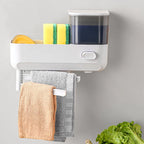 Wall Mounted Hand Soap Dispenser with Storage Case for Sponges Brushes Scrubber Holder Hand Dish Liquid Dispenser Towel Hanger