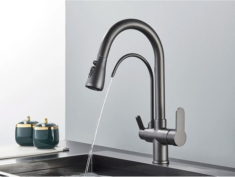 Black Purification Kitchen Faucets Pull Out Kitchen Water Filter Tap 3 Way Mixer Tap torneira para cozinha de parede Crane