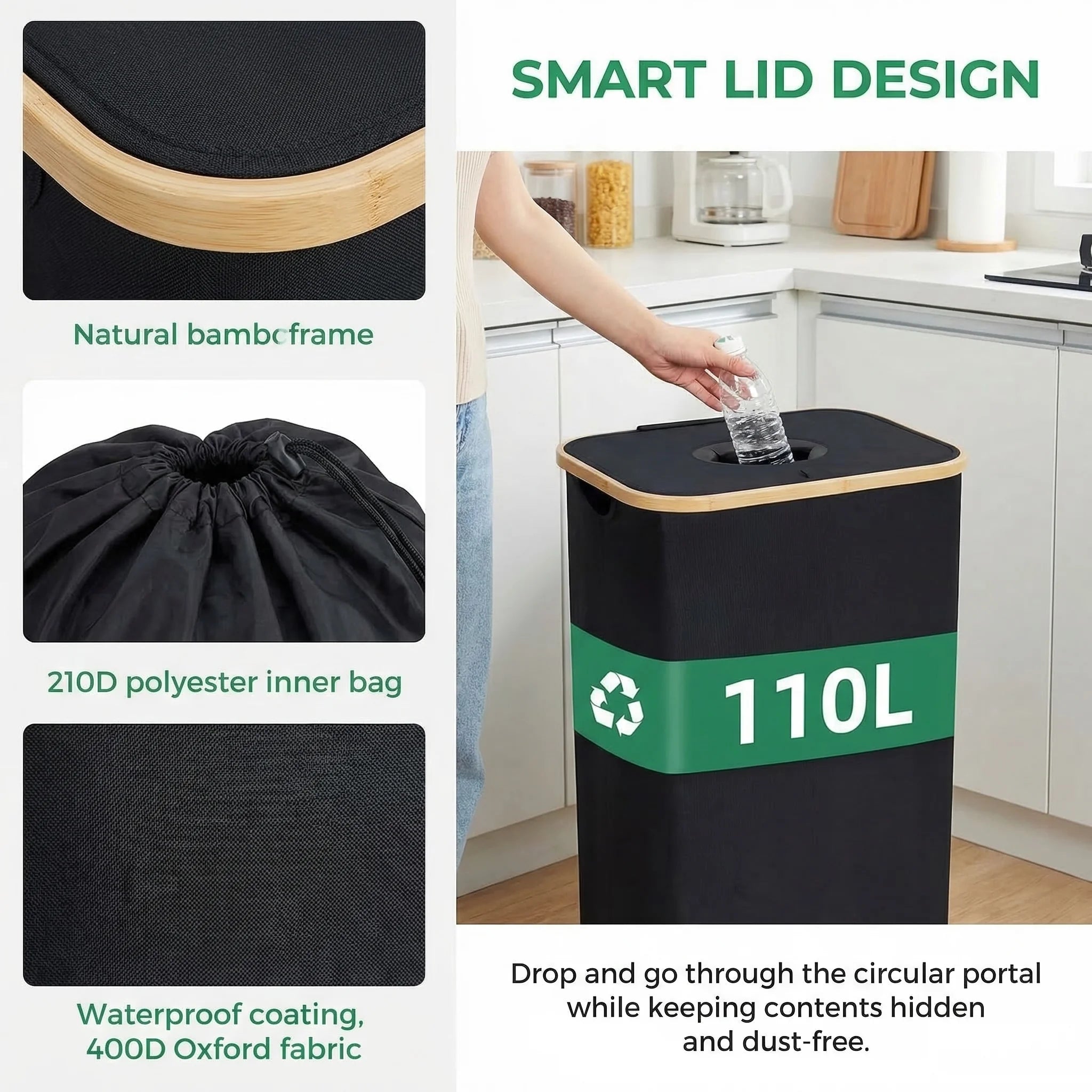 110L/160L Recycling Basket Collection Bag Empty Bottle Storage, Oxford Cloth Foldable, With Removable Recyclable Bottle Tote Bag