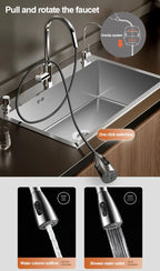 304 Stainless Steel Silver Kitchen Sink with Pull-Out Faucet Large Capacity Single Basin Bar Sinks Multifunction Washing Basins