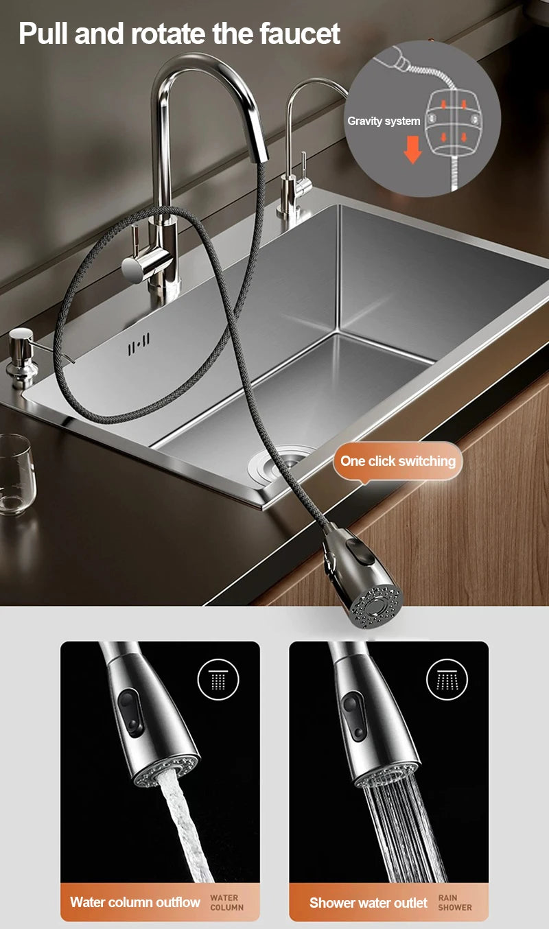 304 Stainless Steel Silver Kitchen Sink with Pull-Out Faucet Large Capacity Single Basin Bar Sinks Multifunction Washing Basins