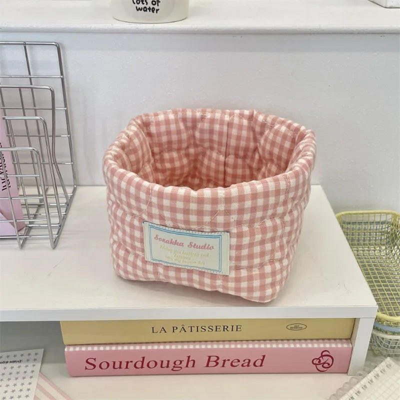 Ins Multi-function Storage Basket Foldable Large Capacity Home Decorate Cosmetic Sundry Fresh Lattice Quilted Desktop Organizer