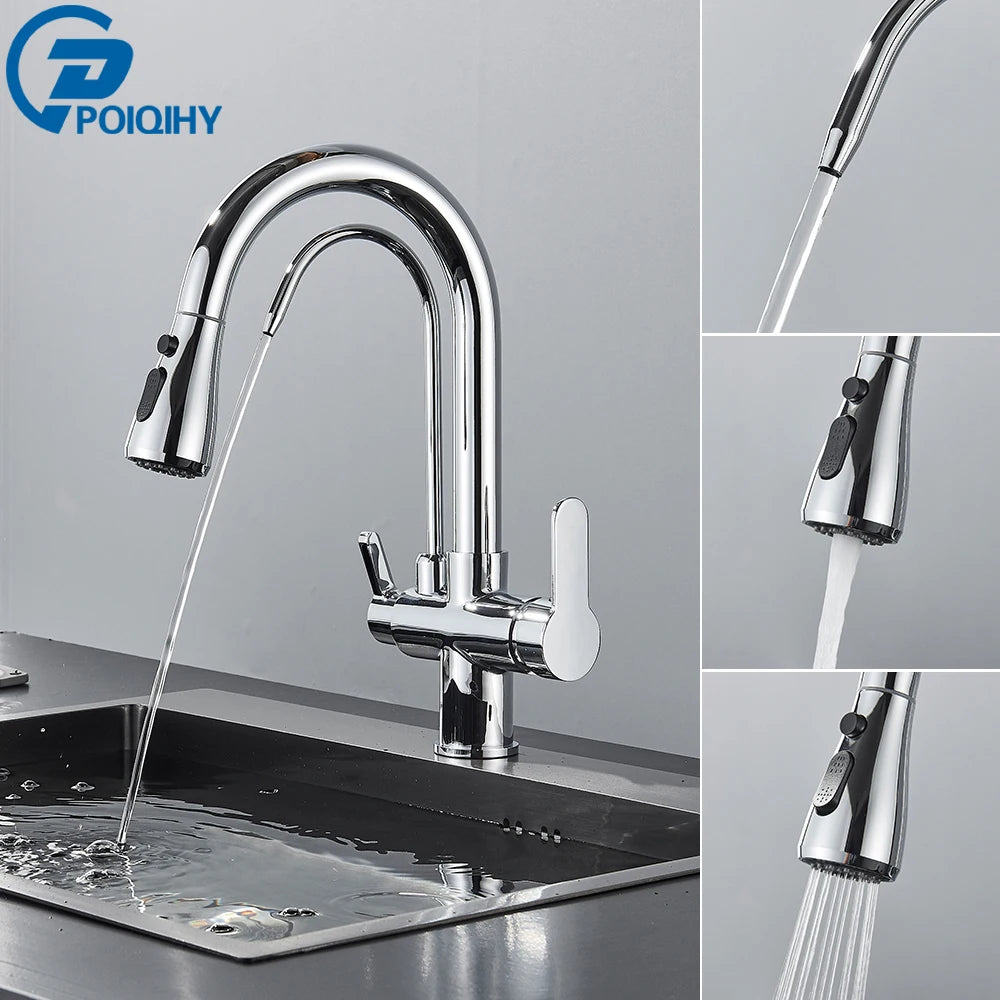 Black Purification Kitchen Faucets Pull Out Kitchen Water Filter Tap 3 Way Mixer Tap torneira para cozinha de parede Crane