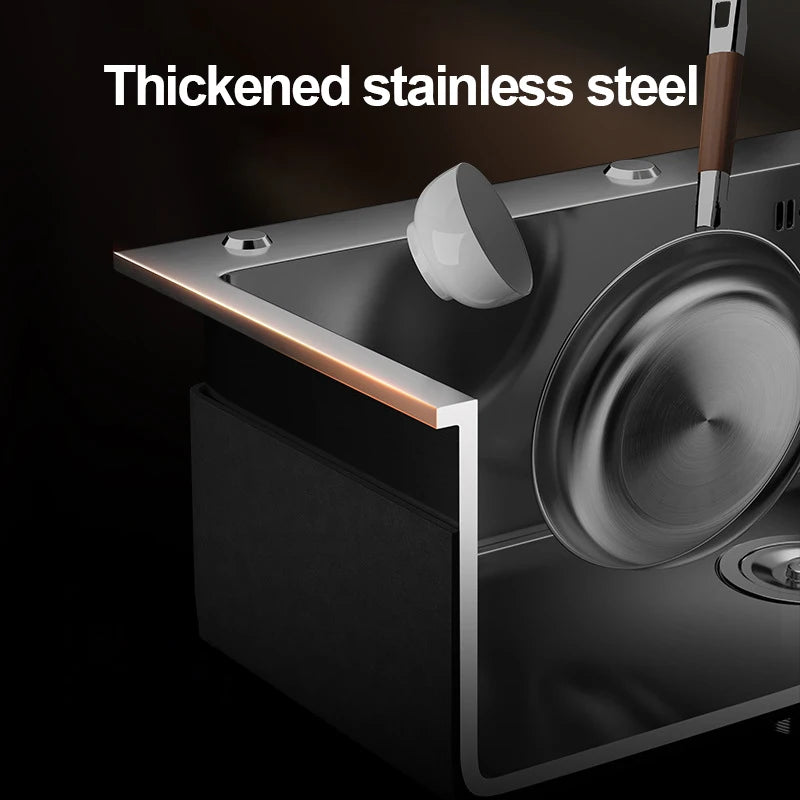304 Stainless Steel Silver Kitchen Sink with Pull-Out Faucet Large Capacity Single Basin Bar Sinks Multifunction Washing Basins