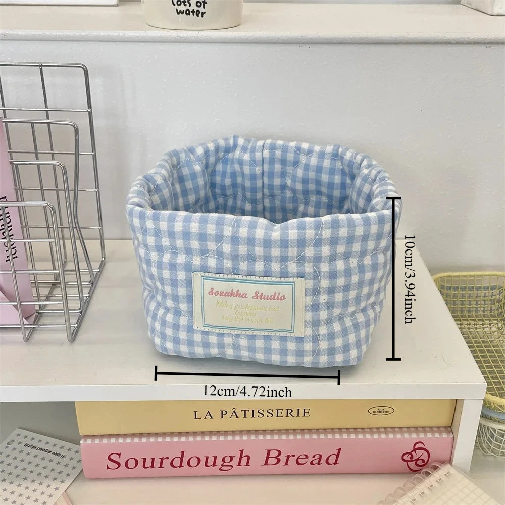 Ins Multi-function Storage Basket Foldable Large Capacity Home Decorate Cosmetic Sundry Fresh Lattice Quilted Desktop Organizer