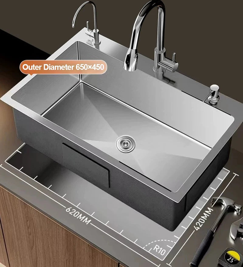 304 Stainless Steel Silver Kitchen Sink with Pull-Out Faucet Large Capacity Single Basin Bar Sinks Multifunction Washing Basins