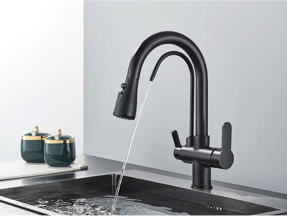Black Purification Kitchen Faucets Pull Out Kitchen Water Filter Tap 3 Way Mixer Tap torneira para cozinha de parede Crane