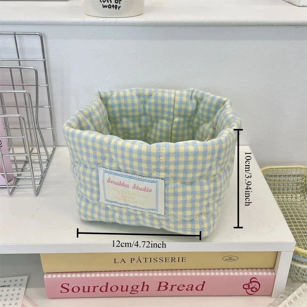 Ins Multi-function Storage Basket Foldable Large Capacity Home Decorate Cosmetic Sundry Fresh Lattice Quilted Desktop Organizer