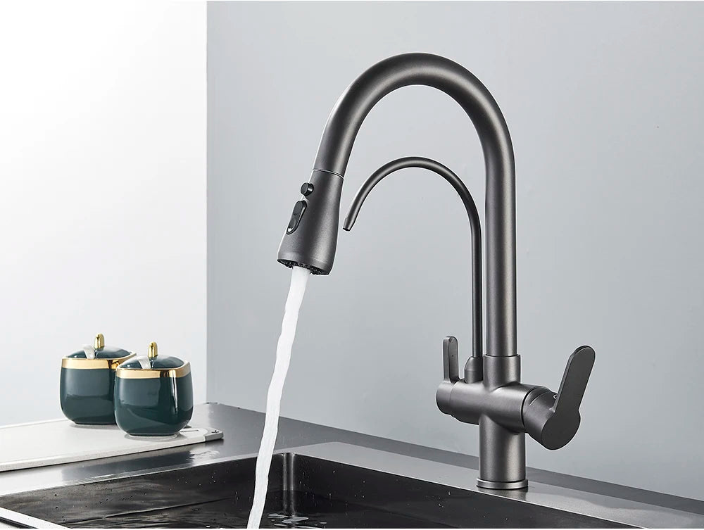 Black Purification Kitchen Faucets Pull Out Kitchen Water Filter Tap 3 Way Mixer Tap torneira para cozinha de parede Crane