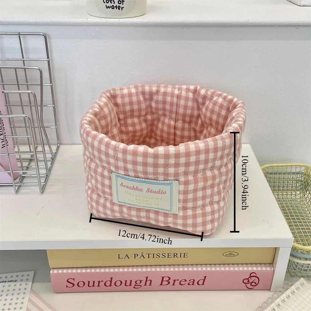 Ins Multi-function Storage Basket Foldable Large Capacity Home Decorate Cosmetic Sundry Fresh Lattice Quilted Desktop Organizer