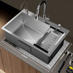 304 Stainless Steel Silver Kitchen Sink with Pull-Out Faucet Large Capacity Single Basin Bar Sinks Multifunction Washing Basins