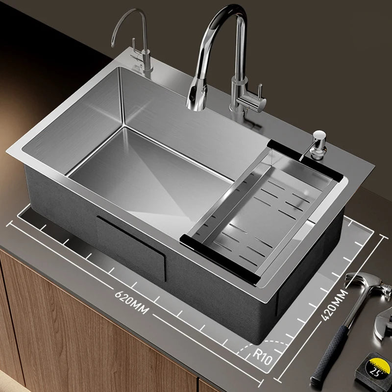 304 Stainless Steel Silver Kitchen Sink with Pull-Out Faucet Large Capacity Single Basin Bar Sinks Multifunction Washing Basins