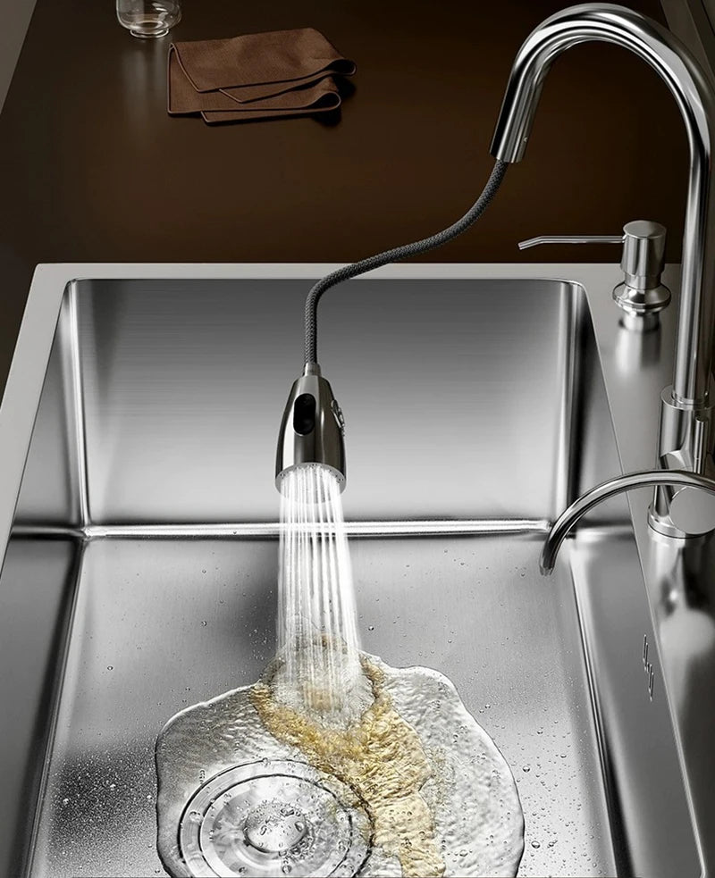304 Stainless Steel Silver Kitchen Sink with Pull-Out Faucet Large Capacity Single Basin Bar Sinks Multifunction Washing Basins