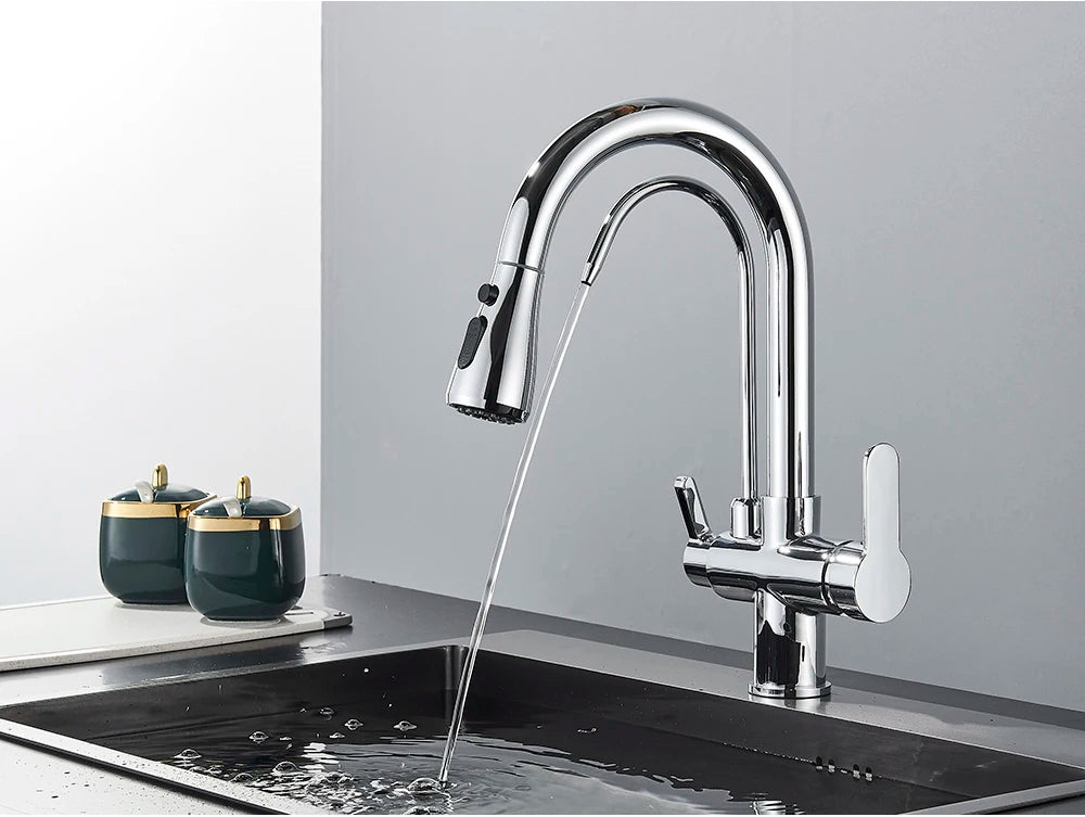 Black Purification Kitchen Faucets Pull Out Kitchen Water Filter Tap 3 Way Mixer Tap torneira para cozinha de parede Crane