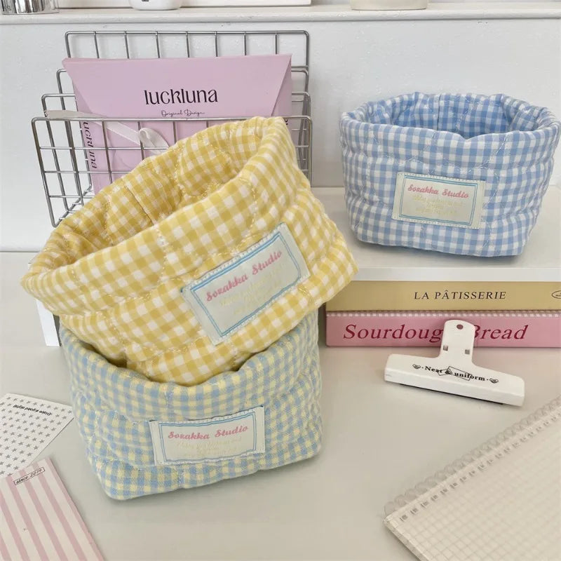 Ins Multi-function Storage Basket Foldable Large Capacity Home Decorate Cosmetic Sundry Fresh Lattice Quilted Desktop Organizer