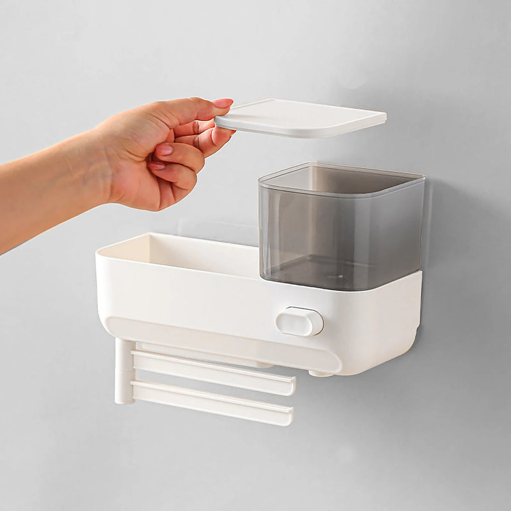 Wall Mounted Hand Soap Dispenser with Storage Case for Sponges Brushes Scrubber Holder Hand Dish Liquid Dispenser Towel Hanger