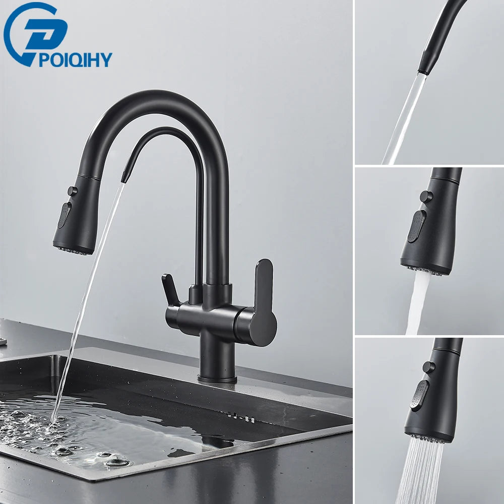 Black Purification Kitchen Faucets Pull Out Kitchen Water Filter Tap 3 Way Mixer Tap torneira para cozinha de parede Crane