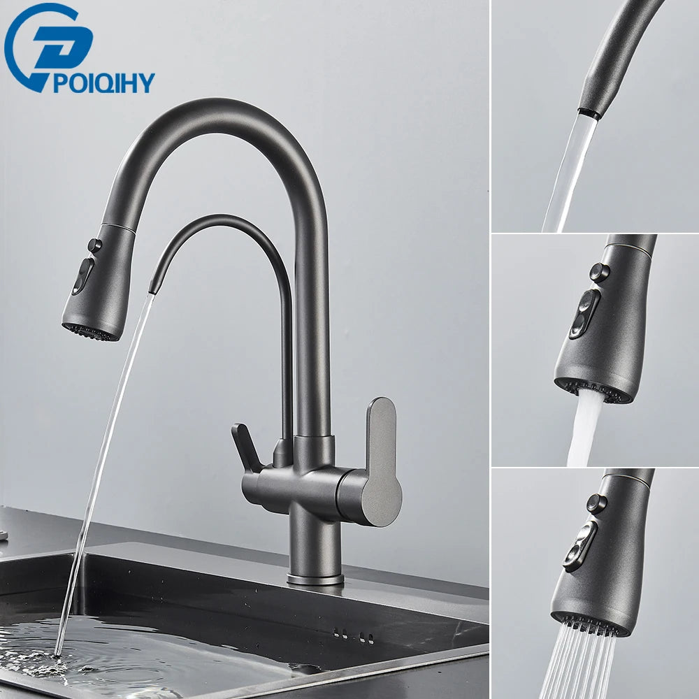 Black Purification Kitchen Faucets Pull Out Kitchen Water Filter Tap 3 Way Mixer Tap torneira para cozinha de parede Crane