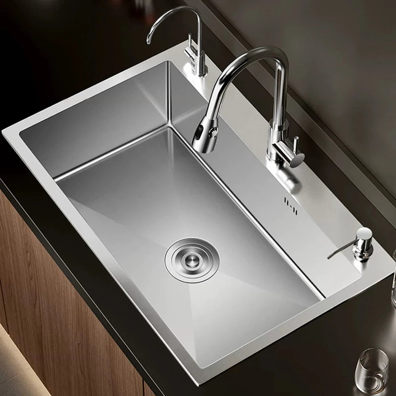 304 Stainless Steel Silver Kitchen Sink with Pull-Out Faucet Large Capacity Single Basin Bar Sinks Multifunction Washing Basins