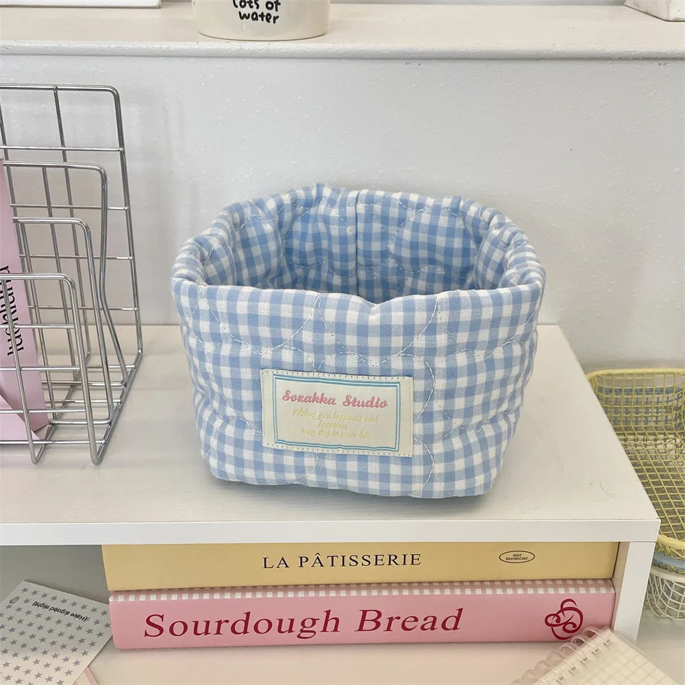 Ins Multi-function Storage Basket Foldable Large Capacity Home Decorate Cosmetic Sundry Fresh Lattice Quilted Desktop Organizer