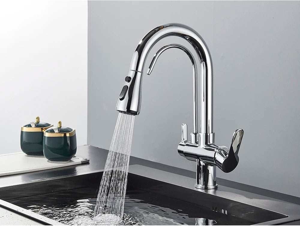 Black Purification Kitchen Faucets Pull Out Kitchen Water Filter Tap 3 Way Mixer Tap torneira para cozinha de parede Crane