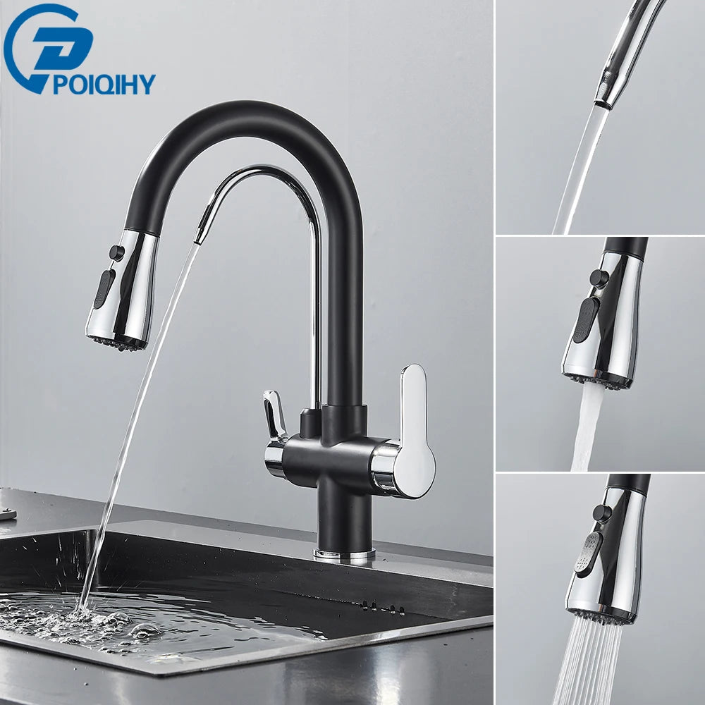 Black Purification Kitchen Faucets Pull Out Kitchen Water Filter Tap 3 Way Mixer Tap torneira para cozinha de parede Crane