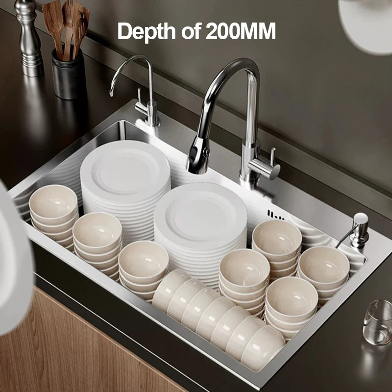 304 Stainless Steel Silver Kitchen Sink with Pull-Out Faucet Large Capacity Single Basin Bar Sinks Multifunction Washing Basins