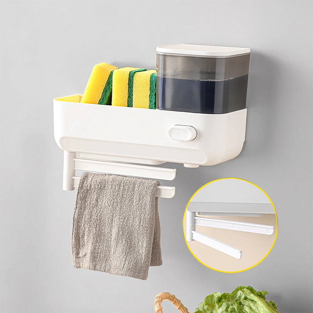 Wall Mounted Hand Soap Dispenser with Storage Case for Sponges Brushes Scrubber Holder Hand Dish Liquid Dispenser Towel Hanger