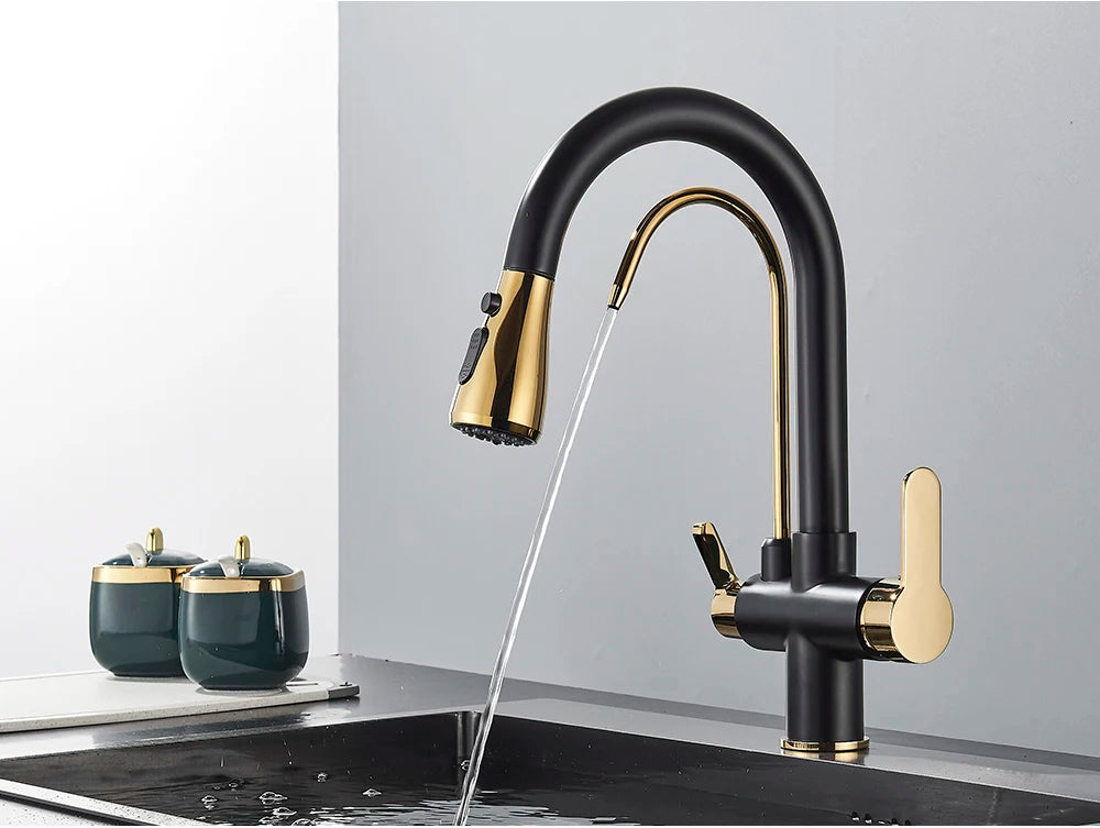 Black Purification Kitchen Faucets Pull Out Kitchen Water Filter Tap 3 Way Mixer Tap torneira para cozinha de parede Crane