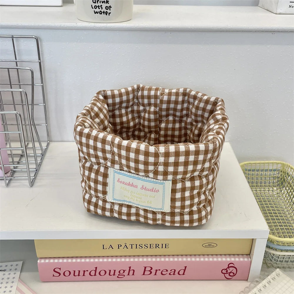 Ins Multi-function Storage Basket Foldable Large Capacity Home Decorate Cosmetic Sundry Fresh Lattice Quilted Desktop Organizer
