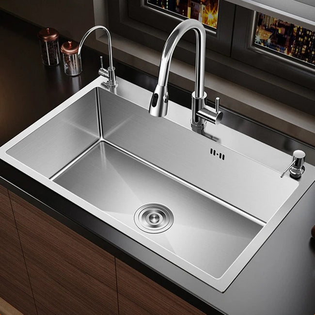 304 Stainless Steel Silver Kitchen Sink with Pull-Out Faucet Large Capacity Single Basin Bar Sinks Multifunction Washing Basins Hover Image