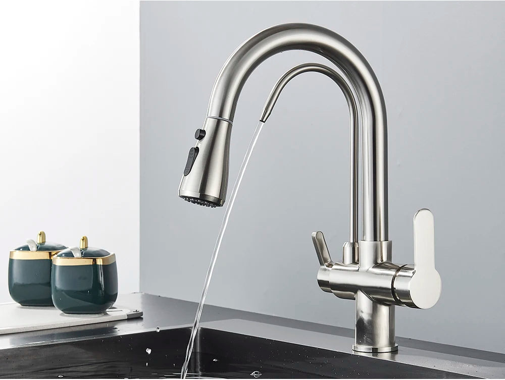Black Purification Kitchen Faucets Pull Out Kitchen Water Filter Tap 3 Way Mixer Tap torneira para cozinha de parede Crane
